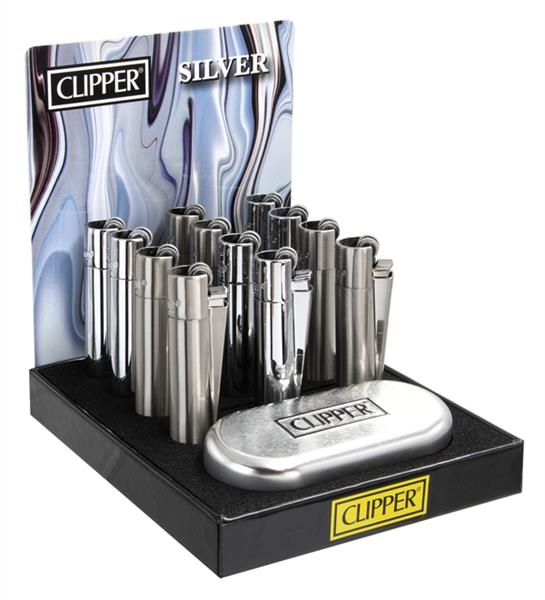 Clipper Feuerzeuge groß 12er Display METALL SILVER